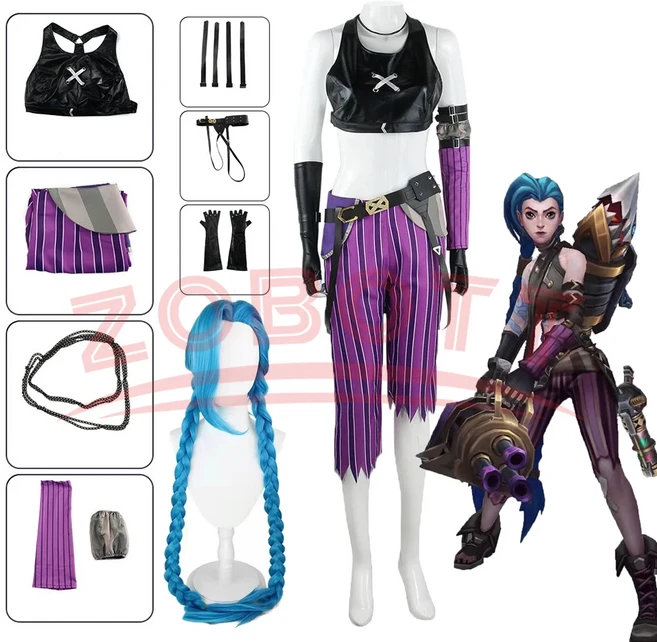 리그 오브 레전드 LOL Arcane Jinx 코스프레 의상 가발 여성, 03 XXXL, 01 Costumes wig