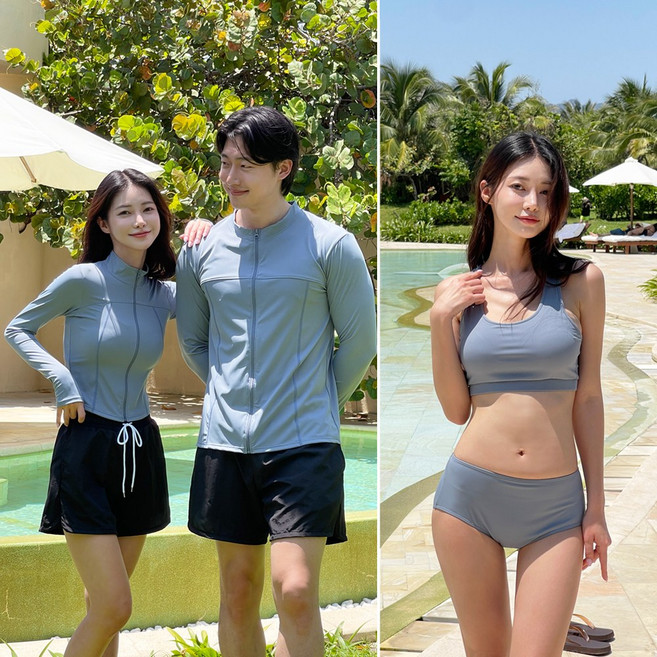 [M-2XL]웨이브 래쉬가드 수영복SET 여성 남성 집업래시가드세트 커플 수영복팬츠 상하의 수영복브라탑, 남여공용 L_XL