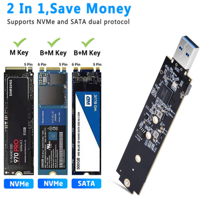 M 2 SATA/ SSD 어댑터 USB3 변환기 PCIE 유형 1 E 카드 PCI USB 10GBPS 외부 3 GEN, 02 NVME and SATA, 1개