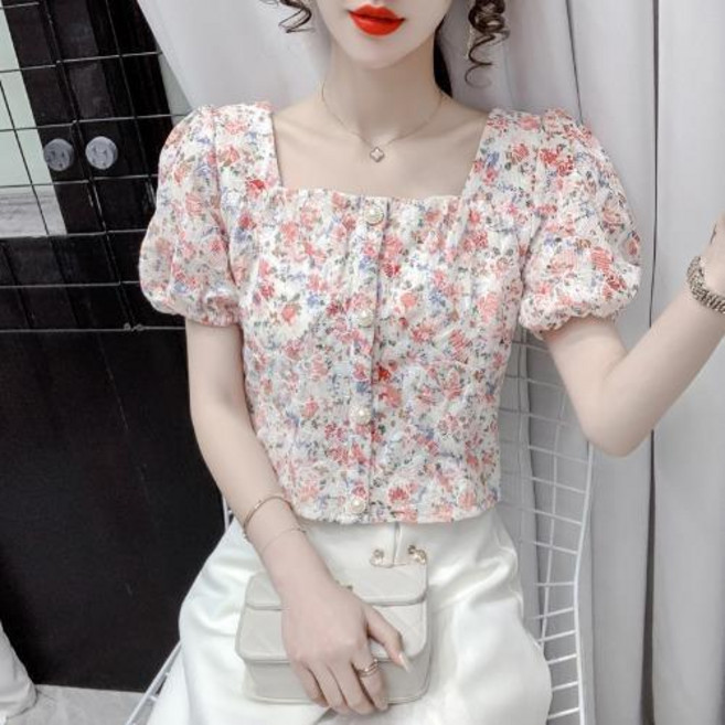 반팔 플라워 쉬폰 블라우스 여성 디자인 예쁜 중여름 퍼프소매 숏탑 nvduanxiu
