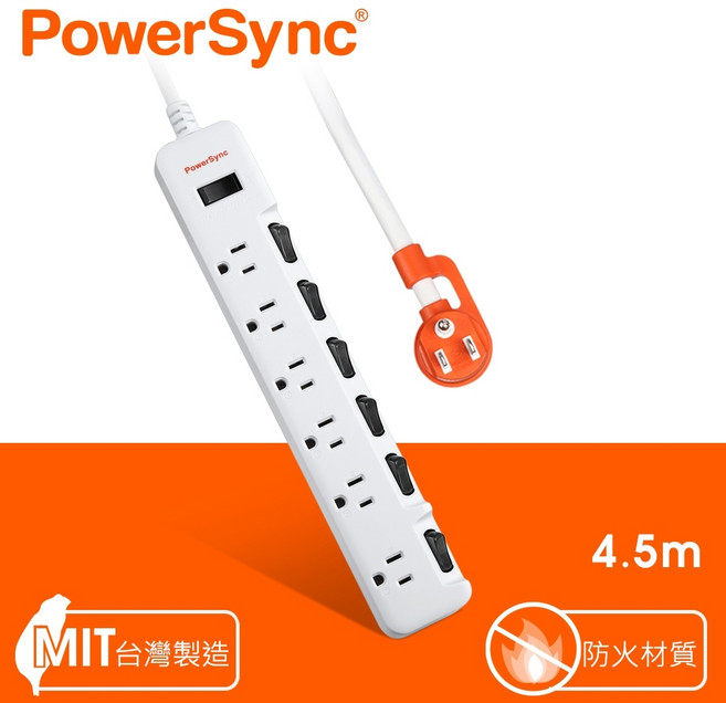 PowerSync 群加 台灣製造 7開6插3P斜面開關防雷擊加大間距電源延長線 TSTS76B918/27/45, 4.5m, 1條