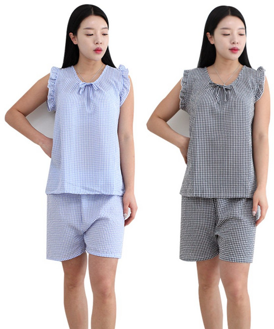 (2SET) 여성 지지미 잠옷세트 나시 반팔 파자마 체크 시어서커 여름 잠옷 상하의 세트 1+1