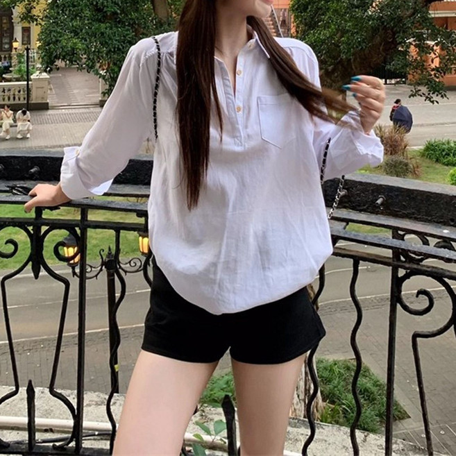 【法式氣質】Polo領襯衫 女式襯衫 長袖襯衫 春秋上衣 寬鬆襯衫 休閒百搭 白色上衣 小眾設計 通勤日常穿搭