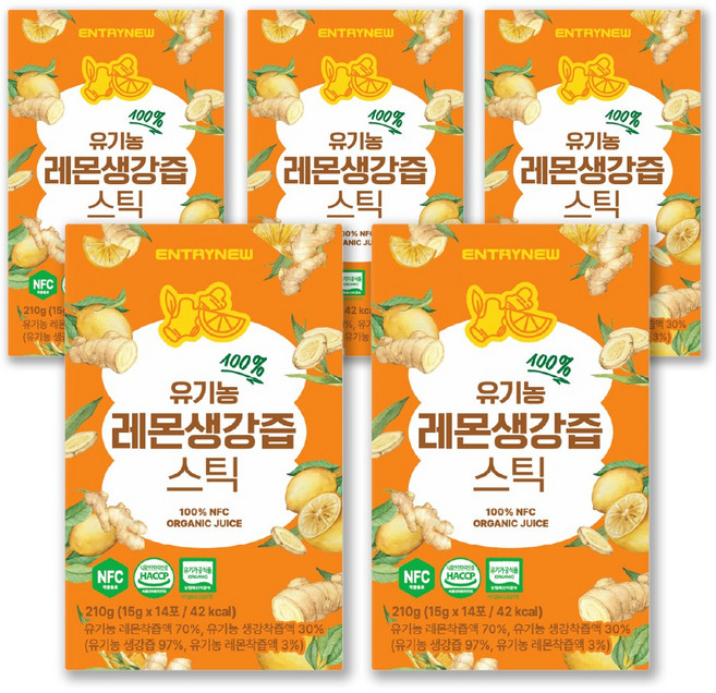 엔트리뉴 유기농 레몬생강즙 원액 100%스틱 레몬진저 NFC착즙, 5박스, 210g