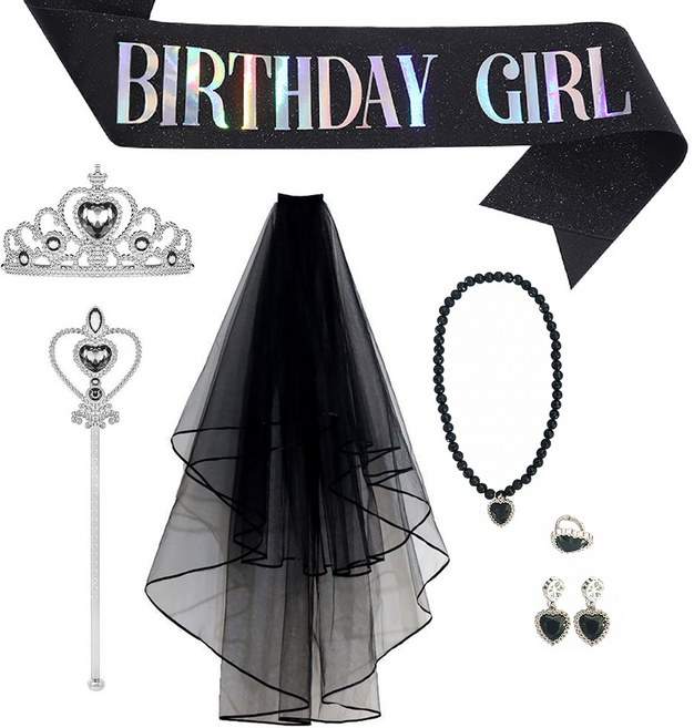 [청춘교복] 공주 생일 파티 용품 5종세트+베일+어깨띠 브라이덜샤워 셀프웨딩 축하 연말 선물 소품 프린세스 코스튬 주얼리 왕관 요술봉 면사포 목걸이 액세사리, 1개, 블랙-벌스데이걸