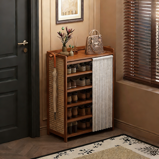 다층 신발장 커튼형 현관 수납장 공간절약 정리함, 6단, A01