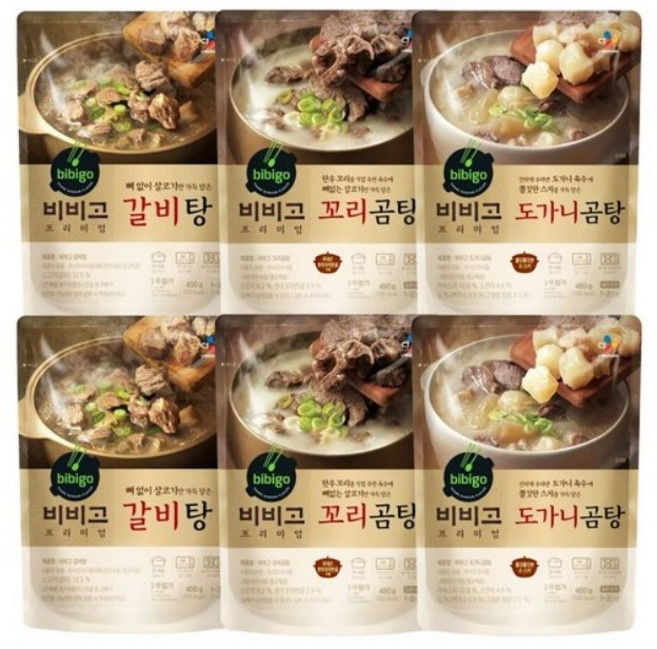 CJ 비비고 국3종( 갈비탕2개+꼬리곰탕2개+도가니곰탕2개), 460g, 6개