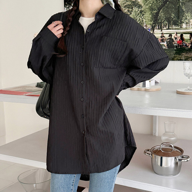 빅사이즈 스트라이프짜임 빅포켓 단추 오버핏 롱 셔츠 블라우스 캐주얼룩 ~5XL 자체제작 3178