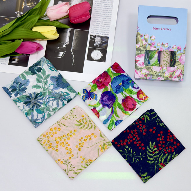 이든테라스 가제 면 아사면 쁘띠 목손수건 꽃무늬 플라워 4장 1세트 A