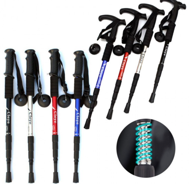 CLEYE 듀랄루민 초보자 등산스틱 일자 T자 4단 접이식 스틱, 블랙, 1개