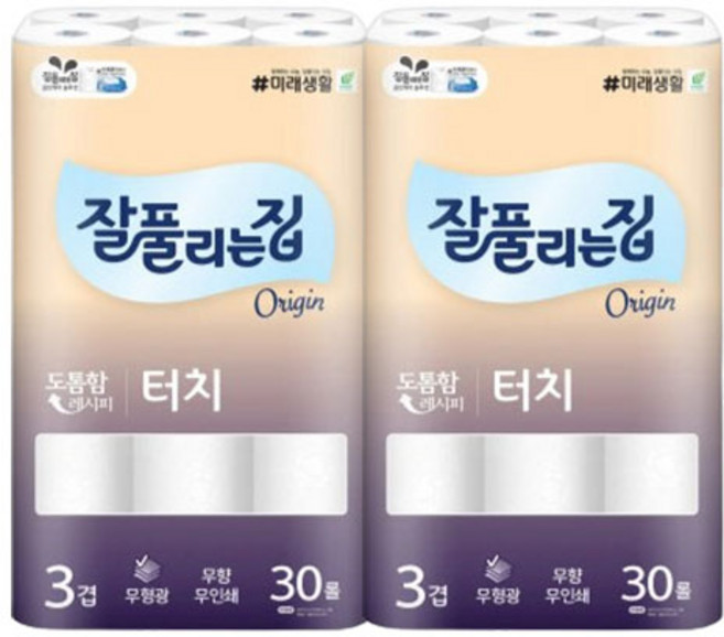 잘풀리는집 깨끗한터치 프리미엄3겹 30롤, 2500cm, 2개