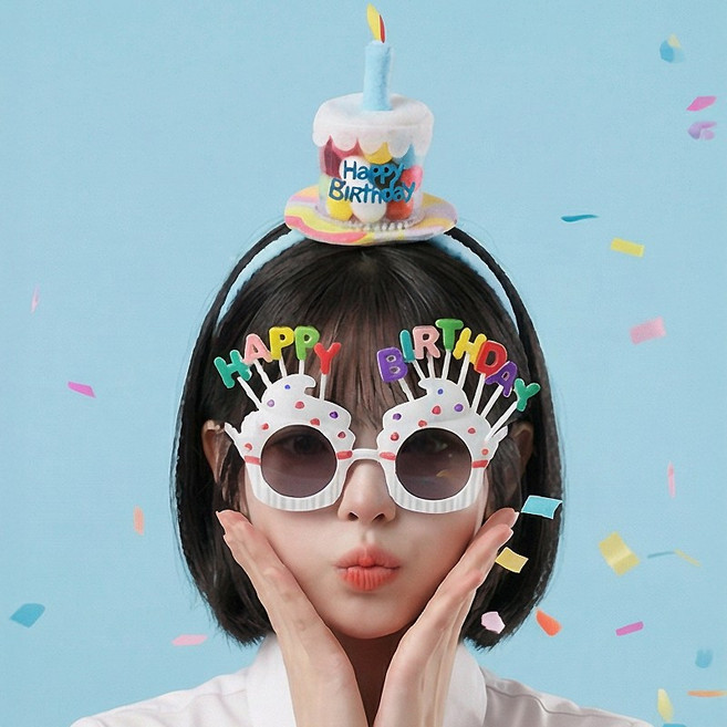 키치셀럽 인생샷 생일파티 꼬깔 왕관 머리띠 킹받는 파티선글라스 생일축하 세트, 1세트, 컵케이크_스카이