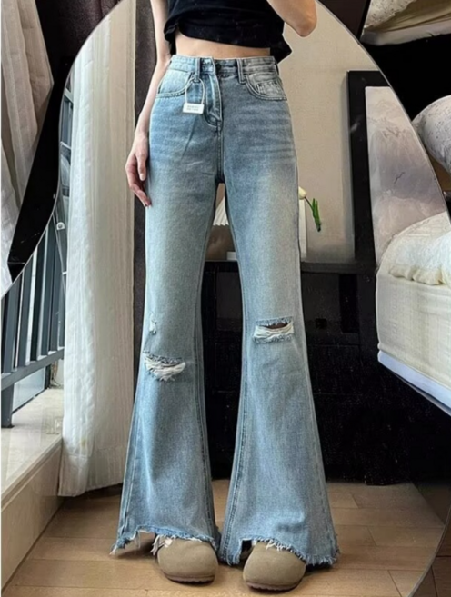 POMTOR 여성 여름 부츠컷 청바지 스판 데님팬츠 찢청 나팔바지(S-4XL)