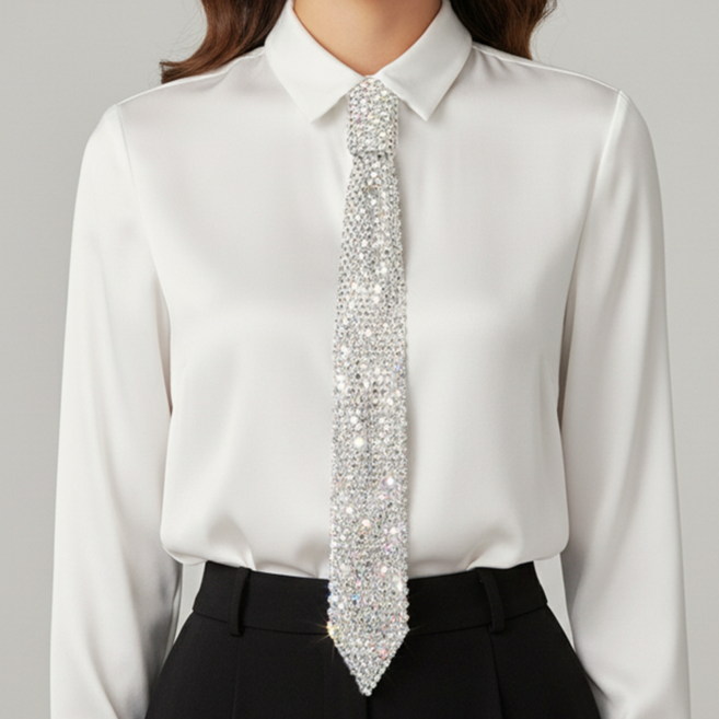 반짝이 큐빅 넥타이 화려한 화이트 파티 무대