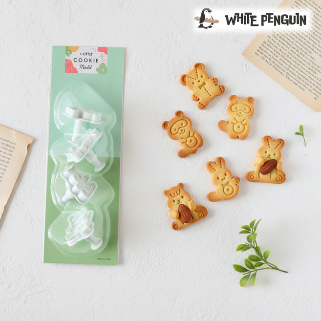 화이트펭귄 쿠키틀 동물 캐릭터쿠키 4P (토끼 곰돌이 다람쥐 너구리), 1세트, 화이트