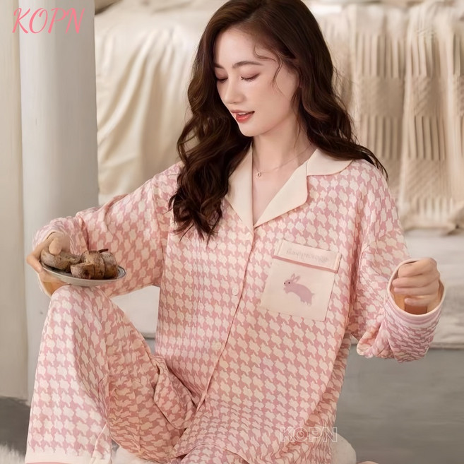 KOPN 가을 잠옷 여성 긴팔 긴바지 얇은 봄가을 가정복 세트 가슴 패드