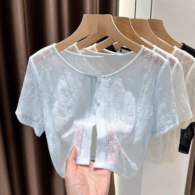 여성용 쇼트 코트 반팔 레이스 숄 여름 반짝이 망사 얇은 카디건 블라우스 코트