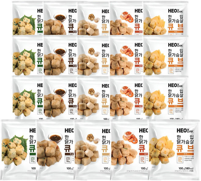 허닭 한입 닭가슴살 큐브 5종 혼합 (떡갈비+새우+깻잎+치즈+갈릭), 20개, 100g