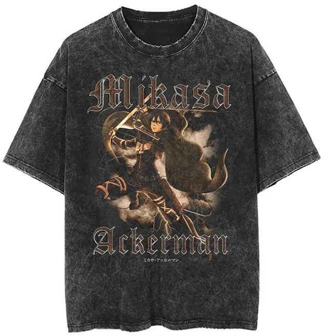 진격의거인 빈티지 오버핏티셔츠 반팔 여름 프린팅 블랙