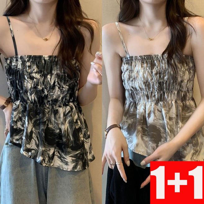 지고다그 1+1여성 여름 끈 나시 빅사이즈 셔링 민소매 섹시탑 루즈핏 나팔 끈티 ZXC42114