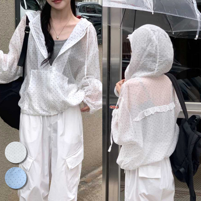 핏몬 루즈핏 도트 후드 프릴 경량 바람막이 간절기 아우터 55~77