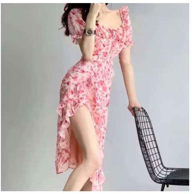 【輕熟氣質】碎花連衣裙 連衣裙女 夏季連衣裙 法式連衣裙 收腰連衣裙 不規則裙襬 高級感印花 雪紡面料 度假通勤兩穿, 911花色