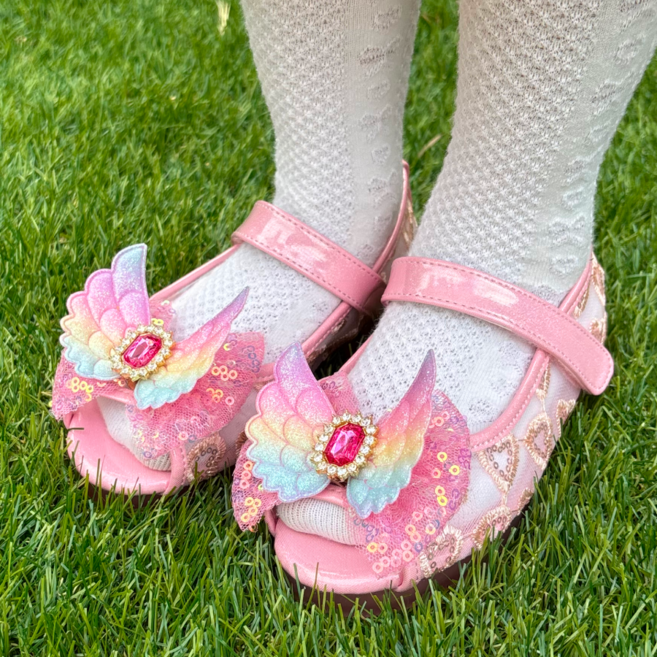 프롬베베 여아용 레이니 무지개 날개 오픈토 LED 샌들