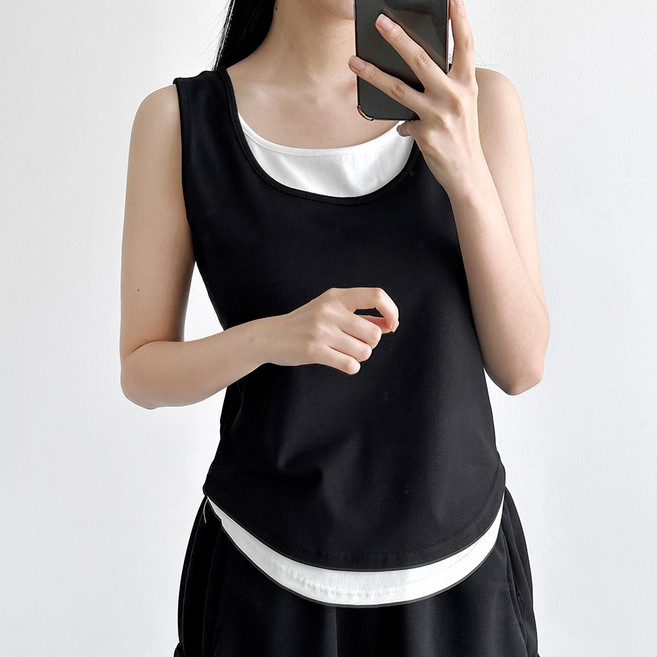 [레이어드한듯] 스쿱넥 배색 슬리브리스 신축성좋은 스판 민소매 나시 날씬해보이는 여름필수템