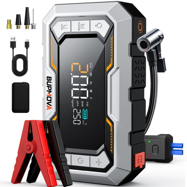 BUPMOVA 올인원 자동차 점프스타터 150PSI 공기압 주입기 대용량 보조배터리 스마트 점프 케이블 EVA 보관백, 12400mAh, 1개