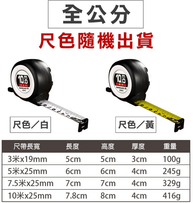 TOPWAY 自鎖耐磨防摔鋼捲尺 公分 英吋 文公尺 魯班尺 工程木工 鋼直尺, 1個, 全公分(磨砂),3米/19mm寬(外殼尺色隨機)