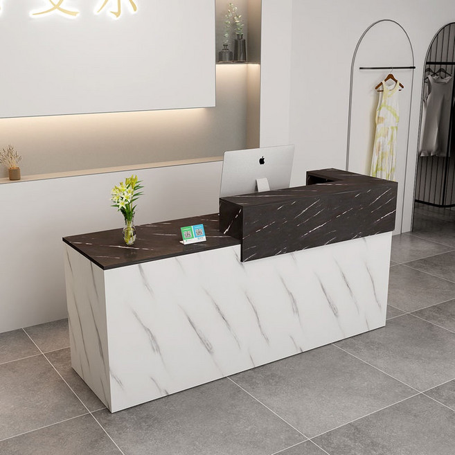 收銀臺 公司接待臺 前臺接待臺 服裝店奶茶店吧臺 櫃檯, 黑石紋+白石紋/左高帶儲物櫃,140x60x100cm