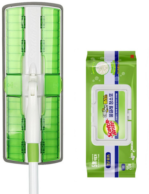 3M 스카치브라이트 클립형 막대걸레 + 물걸레청소포 대형 20매 + 수세미, 1세트