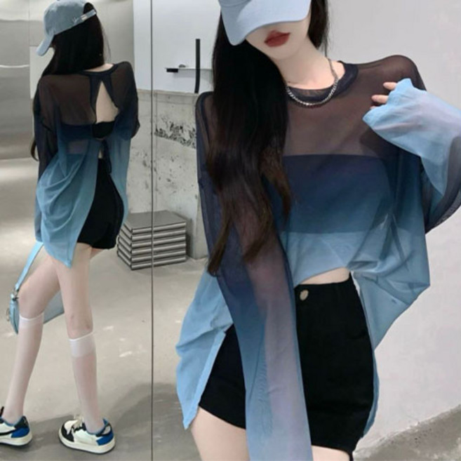 티큐 여성 데일리 루즈핏 시스루 망사 그라데이션 여름 긴팔 티 W793