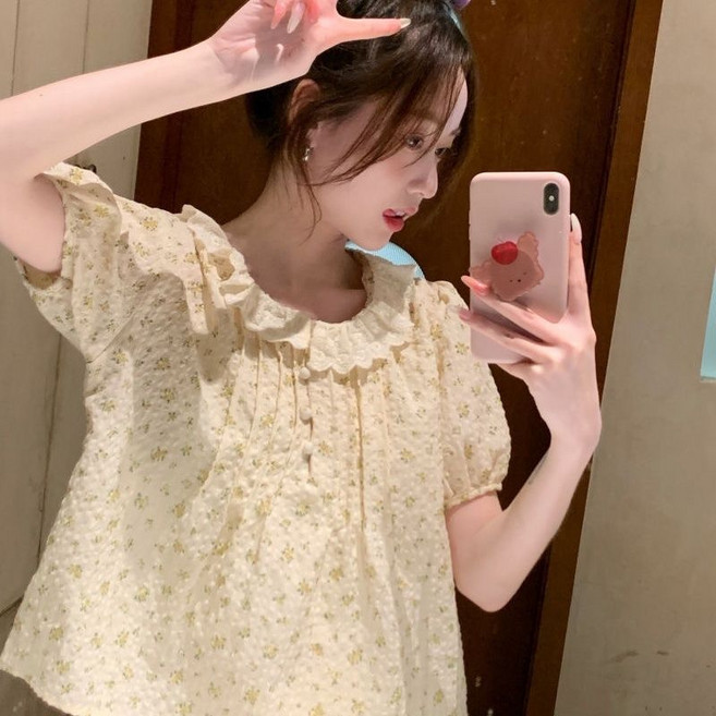 法式甜美碎花娃娃領泡泡袖短袖襯衫, 1個, 圖片色印花襯衫2XL125-135斤