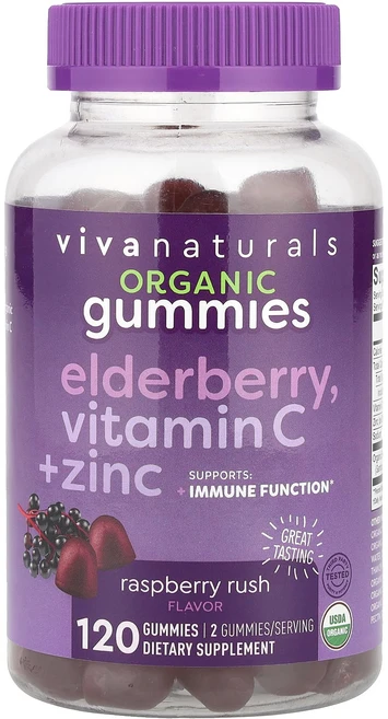 Viva Naturals 유기농 엘더베리 비타민C + 아연 구미젤리 라즈베리 러쉬 구미젤리 120개, VivaNaturals유기농엘더베리비타민C아연구미젤리라, 1개, 120정 - 쿠팡