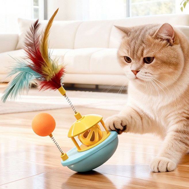 Zaxnouvi 고양이 장난감 깃털 360도 반자동 움직이는 사냥놀이 장난감, 1개, 스카이블루