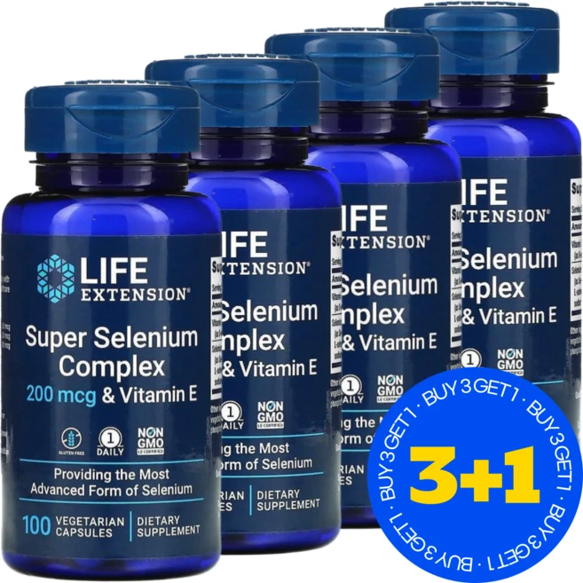 [3+1] 라이프 익스텐션 효모 무함유 슈퍼 셀레늄 복합체 비타민E 200mcg 식물성 캡슐 100정 / 해외직구 미국정품, 4개 - 쿠팡