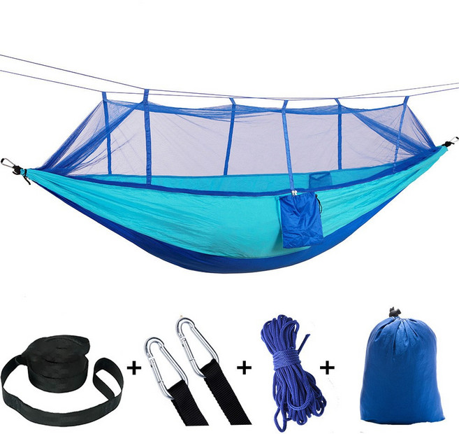 蚊帳吊牀戶外防蚊露營吊牀帶蚊帳210T降落傘布加密網紗尼龍吊牀, 1個, 天藍拼藍:如圖