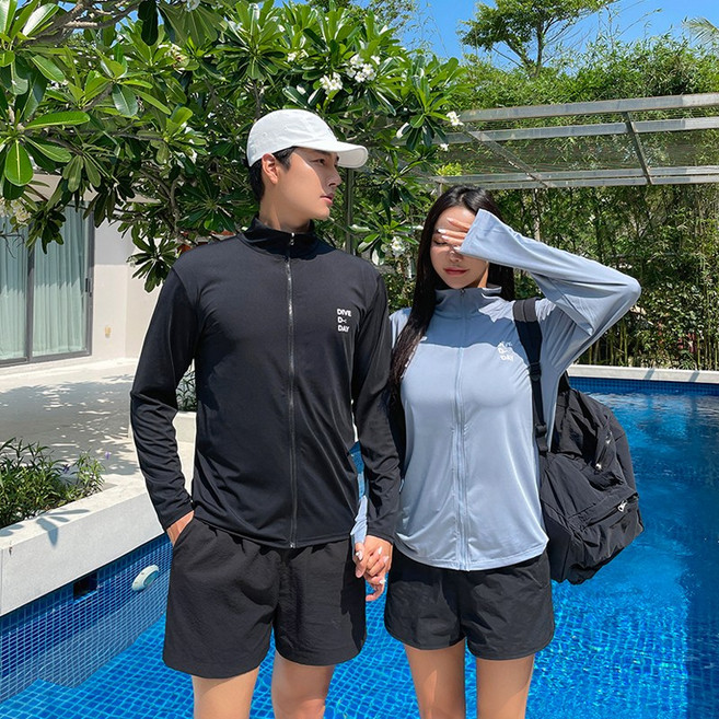 남녀공용 래쉬가드 집업 루즈핏 커플시밀러룩 수영복 상의 SW19809F, 블루/L[100]