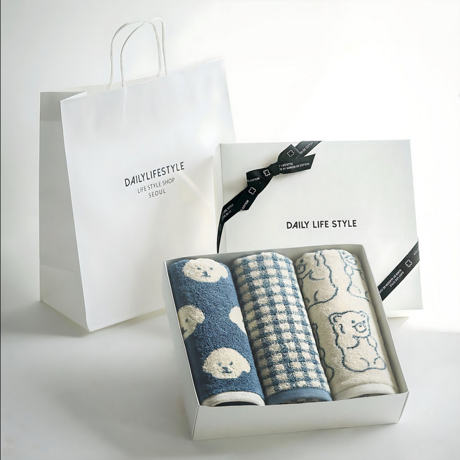 메종드코튼 BLUEY 타월 190g 40수 면사 3종 선물세트 + 쇼핑백, 블루, 1세트