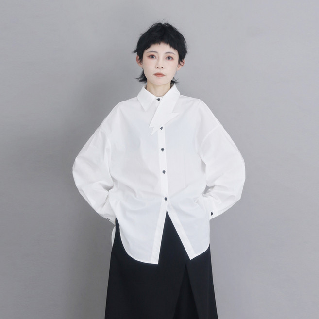 WAWAMOM 여성 블랙 언발 셔츠 블라우스 여자 비대칭 독특한 남방 블라우스 HJQ17