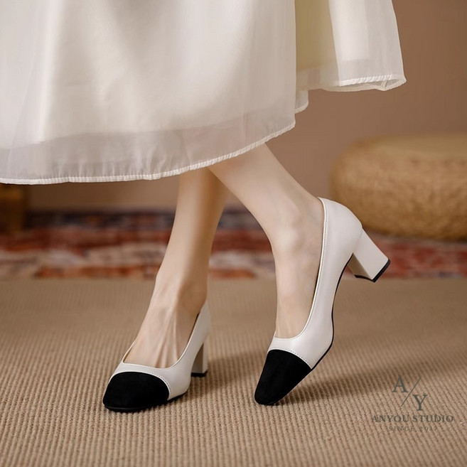 ANYOU 여성 구두 진가죽 양가죽 단화 힐 발편한구두 펌프스구두 편안한 통굽 단화5cm