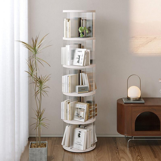 360도 회전 투명 아크릴 책장 2~5단 원형 사각 대용량 거실 서재 사무실 인테리어, 5단