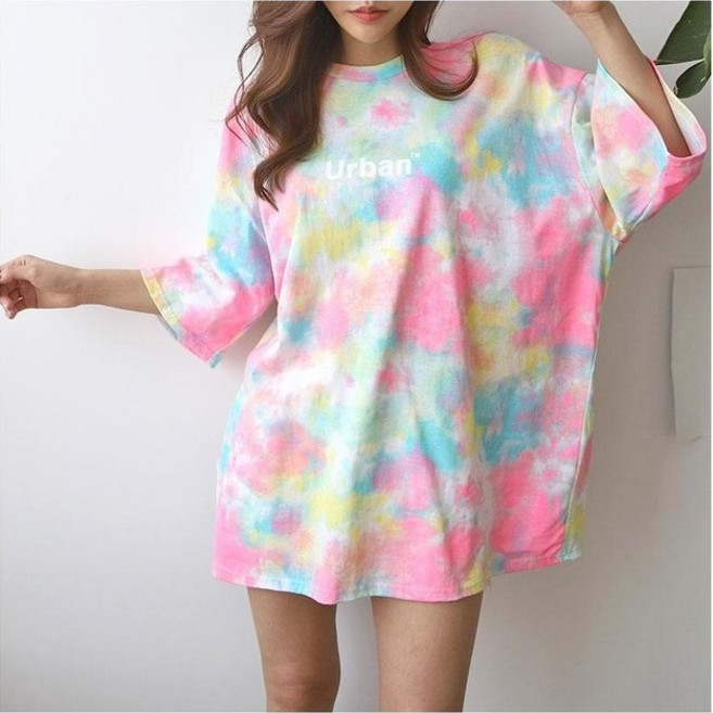 여성용 오버핏 물나염 레터링 여름티셔츠 7부소매