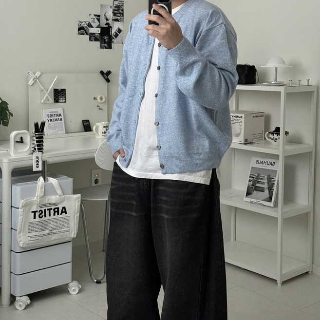 르위 라운드 오버핏 단추 가디건 스판 빅사이즈 니트 아우터