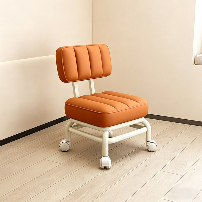 WHH 바퀴 가죽 스툴 미니 등받이 현관 의자, 오렌지