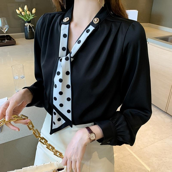 dulandQ 봄가을 여성 브이넥 진주장식 스카프넥 쉬폰 긴팔 블라우스 Q35