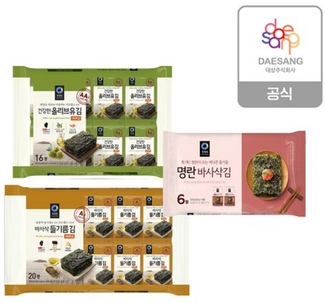 도시락김(명란김들기름올리브유) 3종 골라담기, 올리브유재래김 5g*16입 x1개, 들기름바사삭김 4g*20입 x1개, 1개, 5g