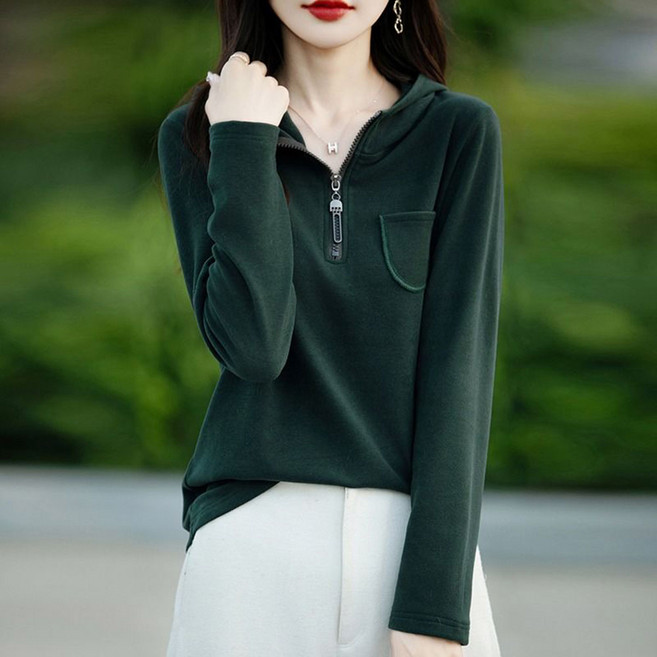 ROYALBELLE 여성 반집업 후드 긴팔 맨투맨 루즈핏 데일리 포켓 긴팔 티셔츠 V060920