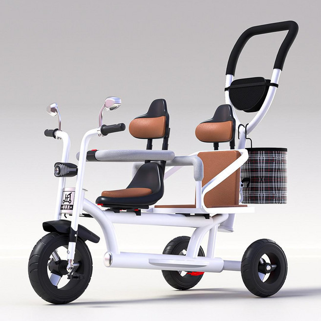 MONI 쌍둥이트라이크 세발 2인용 2인승 쌍둥이유모차 유아 2인용자전거, 1개, 1cm, 화이트 가드레일 티타늄 휠